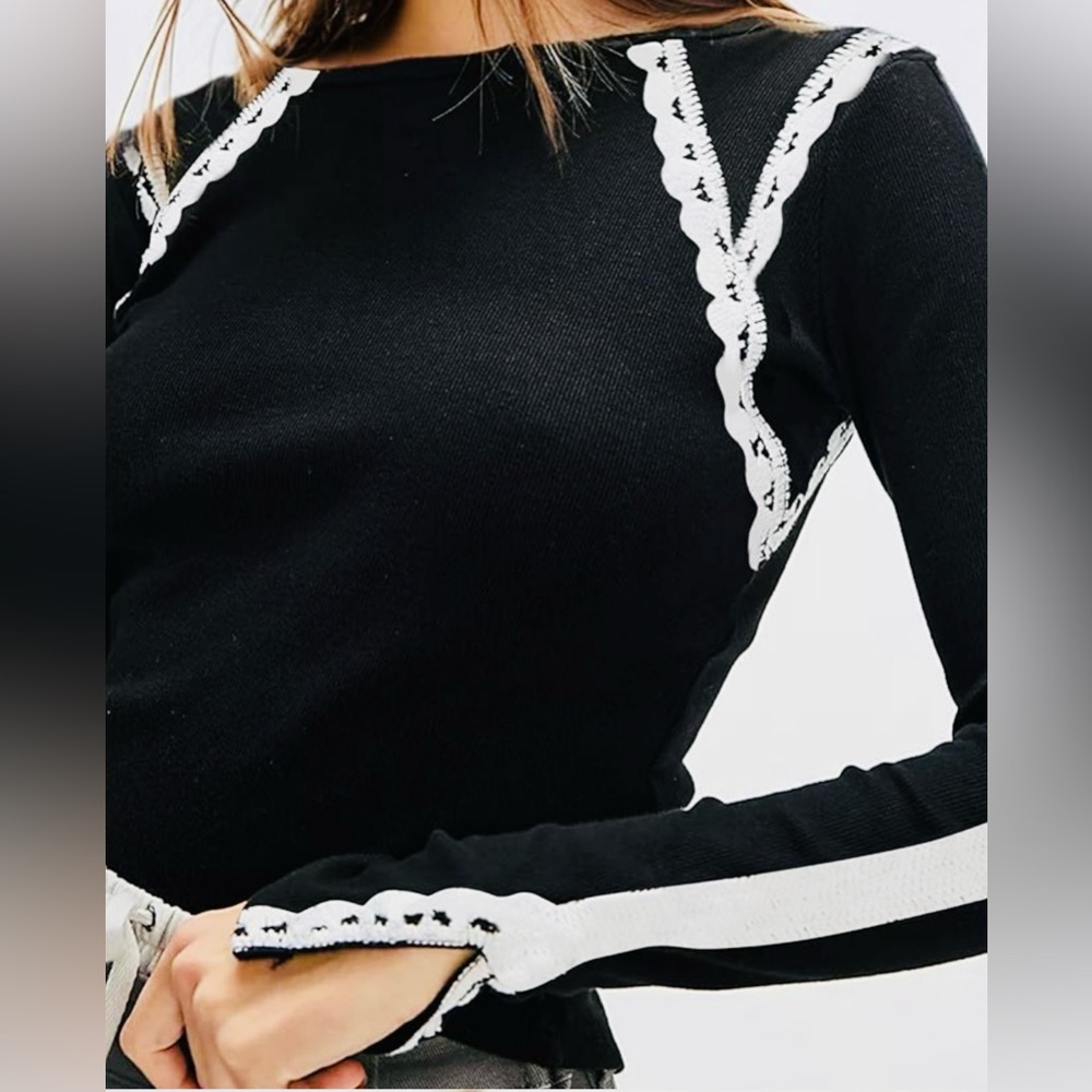 Free People Lost Love Black and White Long Sleeve Top